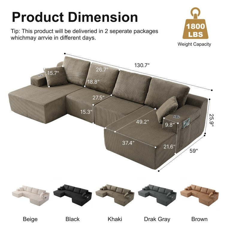 English Elm 130 Inch U-Shaped Modular Sectional in Wide Wale Corduroy for Spacious Living Rooms W5385S00079