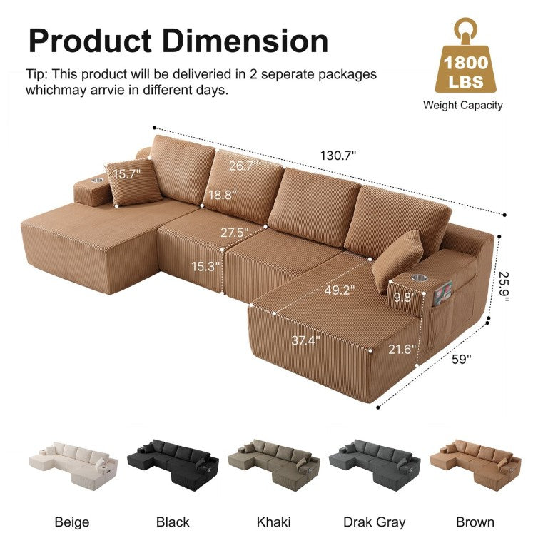 English Elm 130 Inch Corduroy U-Shaped Sectional Sofa Modular Flex Seating for Spacious Rooms W5385S00080