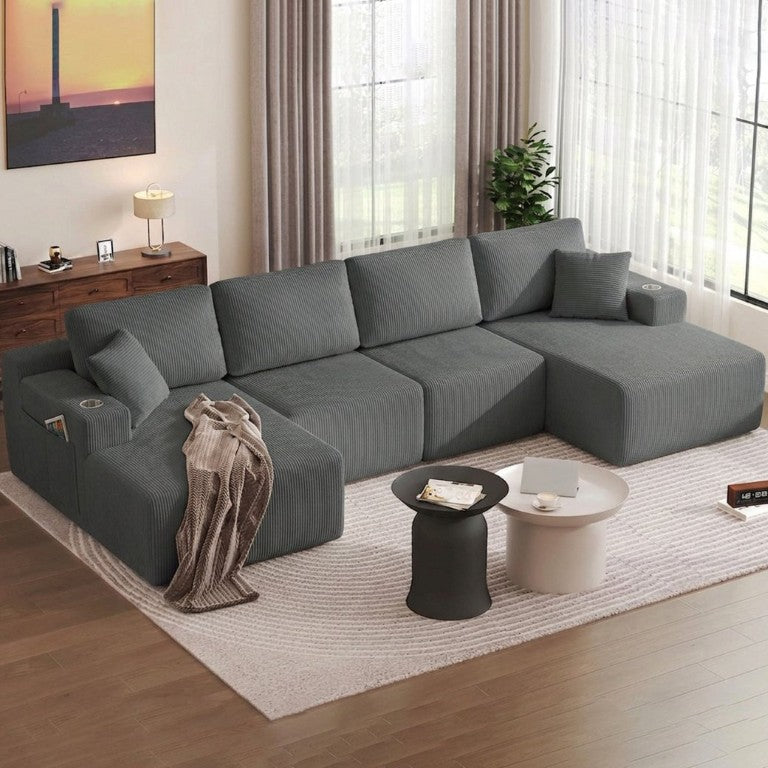 English Elm 130 Inch Corduroy U-Shaped Sectional Sofa Deep Lounge Seating for Large Living Rooms W5385S00081
