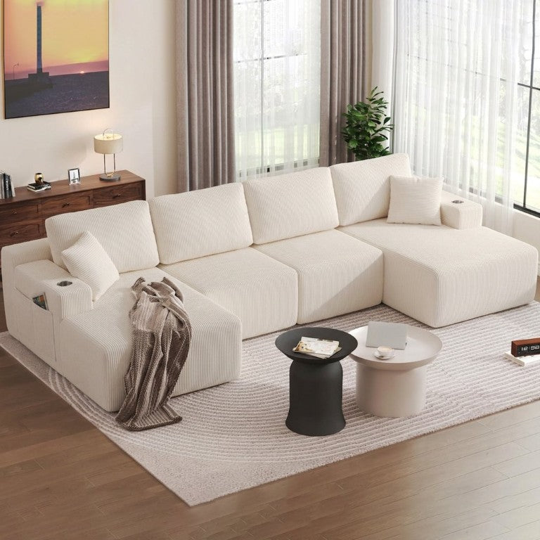 English Elm 130 Inch Modular U-Shaped Corduroy Sectional Sofa with Chaise for Spacious Rooms W5385S00082