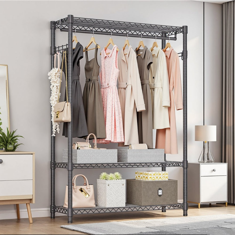 English Elm Heavy Duty Carbon Steel Garment Rack with Rod Hooks Rolling Wheels Closet Organizer W5386P445627