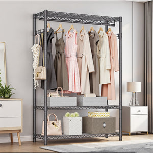 English Elm Heavy Duty Carbon Steel Garment Rack with Rod Hooks Rolling Wheels Closet Organizer W5386P445627