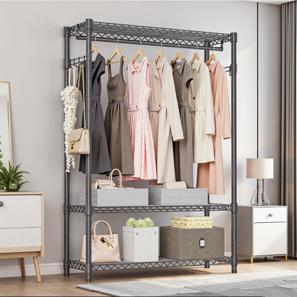 English Elm Heavy Duty Carbon Steel Garment Rack with Rod Hooks Rolling Wheels Closet Organizer W5386P445627