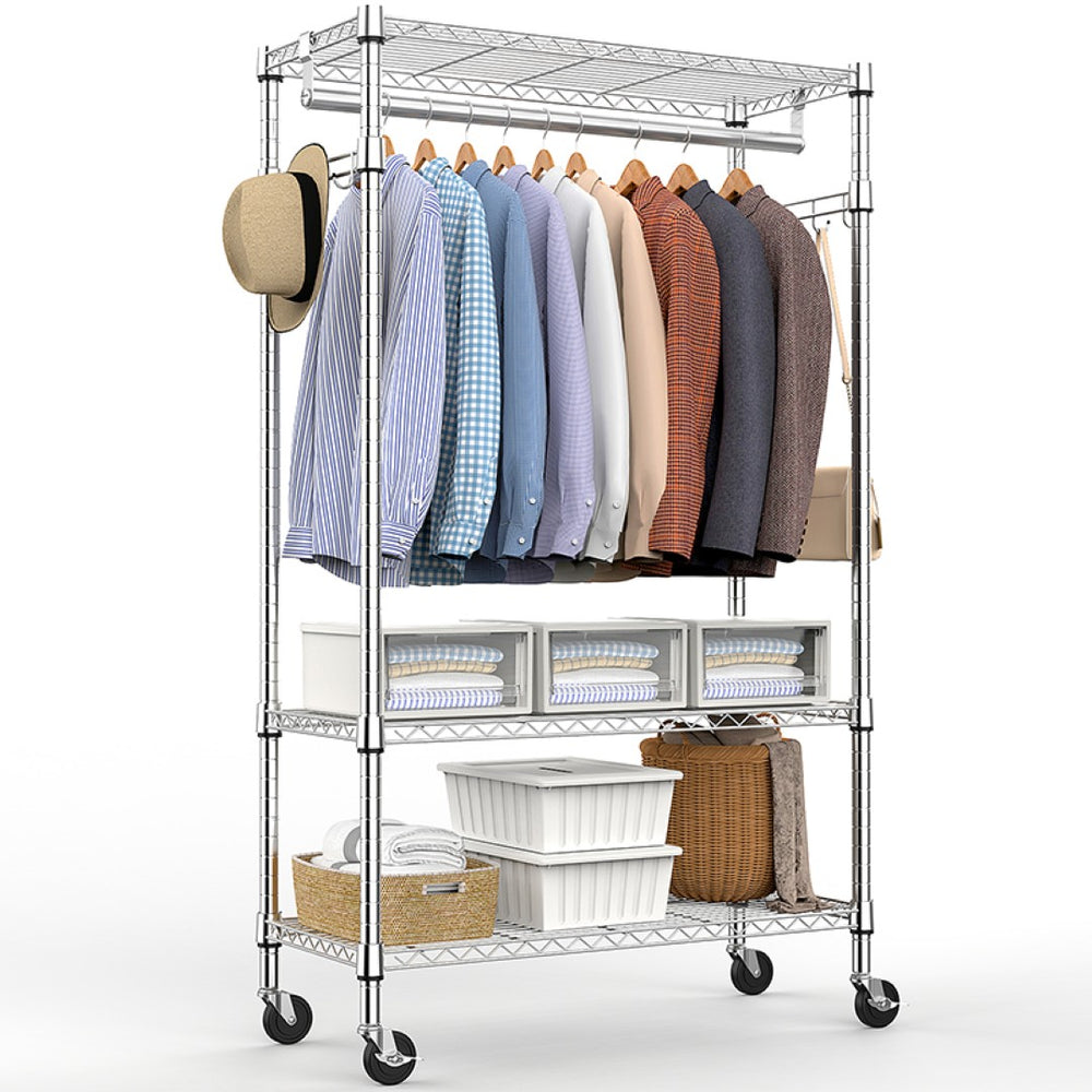 English Elm Heavy Duty Rolling Garment Rack Three Tier Steel Closet Organizer with Locking Wheels Chrome W5386P515370
