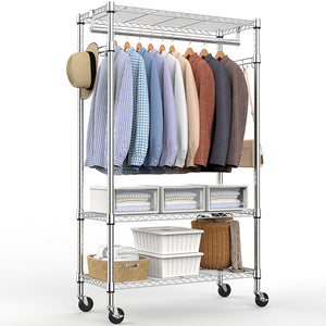 English Elm Heavy Duty Rolling Garment Rack Three Tier Steel Closet Organizer with Locking Wheels Chrome W5386P515370