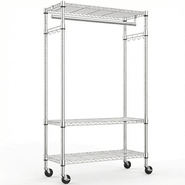 English Elm Heavy Duty Rolling Garment Rack Three Tier Steel Closet Organizer with Locking Wheels Chrome W5386P515370