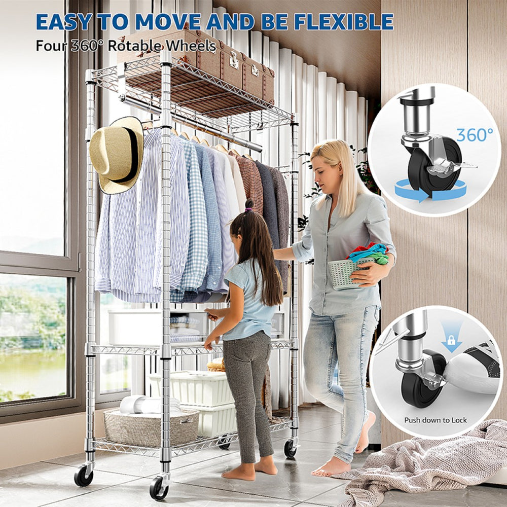 English Elm Heavy Duty Rolling Garment Rack Three Tier Steel Closet Organizer with Locking Wheels Chrome W5386P515370