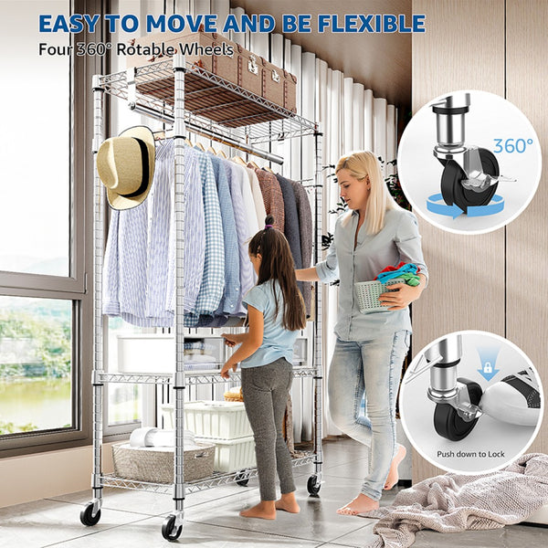 English Elm Heavy Duty Rolling Garment Rack Three Tier Steel Closet Organizer with Locking Wheels Chrome W5386P515370