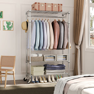 English Elm Heavy Duty Rolling Garment Rack Three Tier Steel Closet Organizer with Locking Wheels Chrome W5386P515370