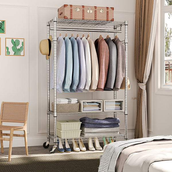 English Elm Heavy Duty Rolling Garment Rack Three Tier Steel Closet Organizer with Locking Wheels Chrome W5386P515370