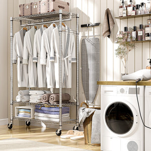 English Elm Heavy Duty Rolling Garment Rack Three Tier Steel Closet Organizer with Locking Wheels Chrome W5386P515370