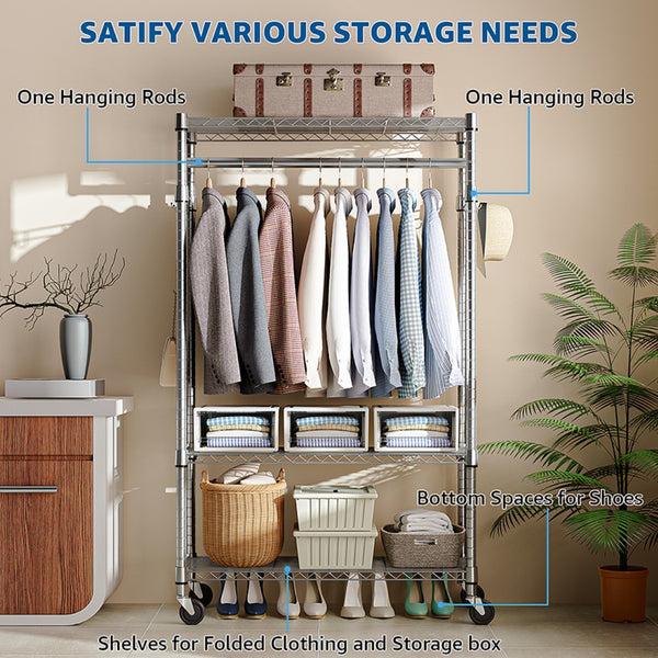 English Elm Heavy Duty Rolling Garment Rack Three Tier Steel Closet Organizer with Locking Wheels Chrome W5386P515370