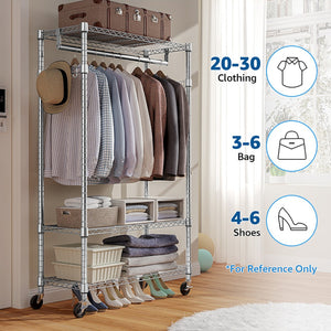 English Elm Heavy Duty Rolling Garment Rack Three Tier Steel Closet Organizer with Locking Wheels Chrome W5386P515370