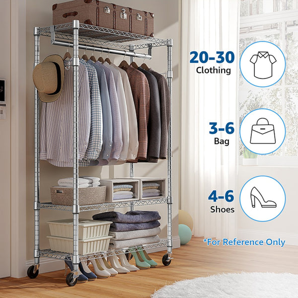English Elm Heavy Duty Rolling Garment Rack Three Tier Steel Closet Organizer with Locking Wheels Chrome W5386P515370