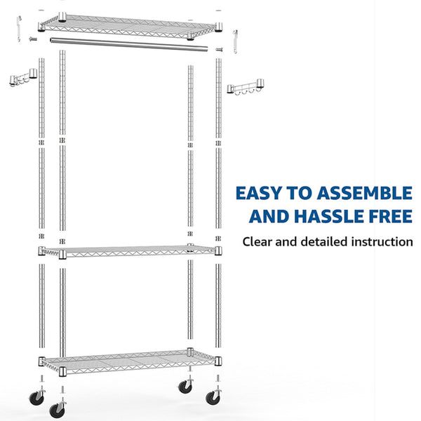 English Elm Heavy Duty Rolling Garment Rack Three Tier Steel Closet Organizer with Locking Wheels Chrome W5386P515370