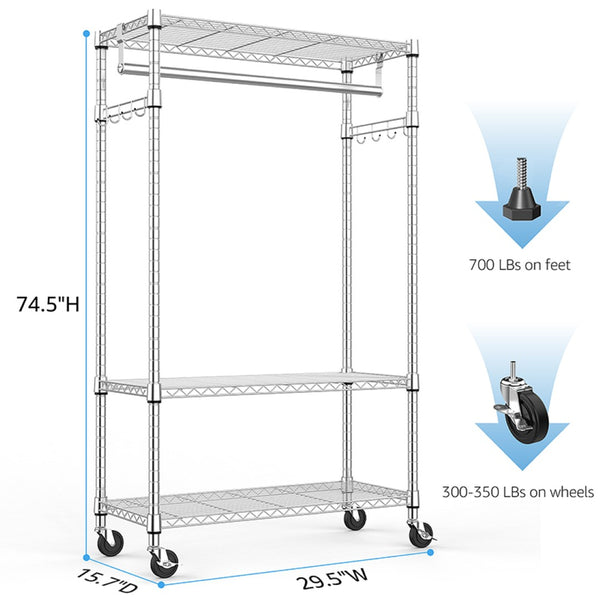 English Elm Heavy Duty Rolling Garment Rack Three Tier Steel Closet Organizer with Locking Wheels Chrome W5386P515370