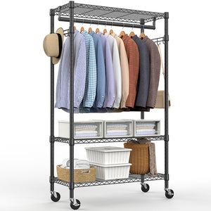 English Elm Heavy Duty Rolling Garment Rack Three Tier Steel Closet Organizer with Locking Wheels Black W5386P515372