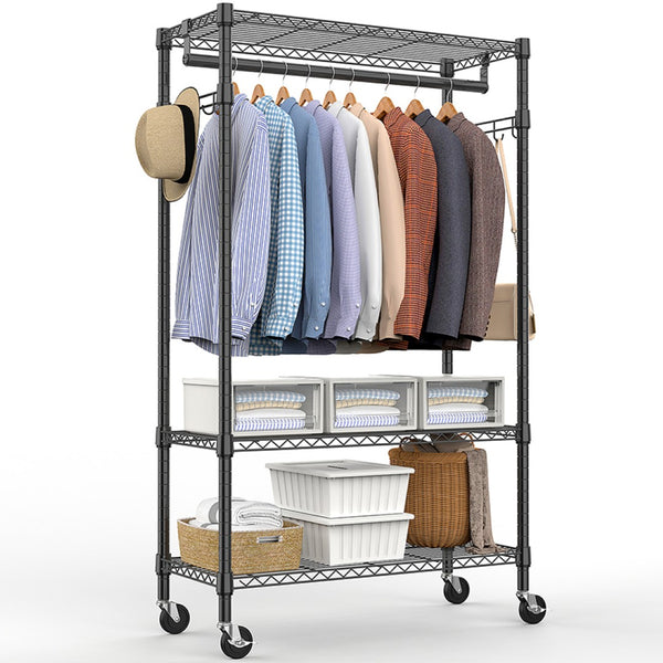English Elm Heavy Duty Rolling Garment Rack Three Tier Steel Closet Organizer with Locking Wheels Black W5386P515372