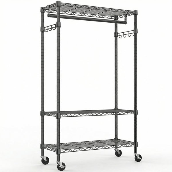 English Elm Heavy Duty Rolling Garment Rack Three Tier Steel Closet Organizer with Locking Wheels Black W5386P515372