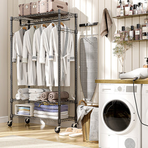 English Elm Heavy Duty Rolling Garment Rack Three Tier Steel Closet Organizer with Locking Wheels Black W5386P515372