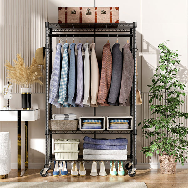 English Elm Heavy Duty Rolling Garment Rack Three Tier Steel Closet Organizer with Locking Wheels Black W5386P515372