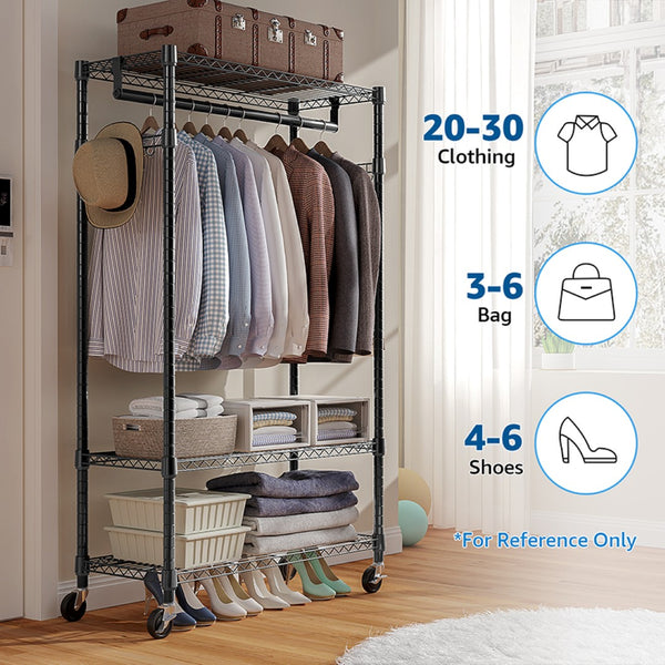English Elm Heavy Duty Rolling Garment Rack Three Tier Steel Closet Organizer with Locking Wheels Black W5386P515372