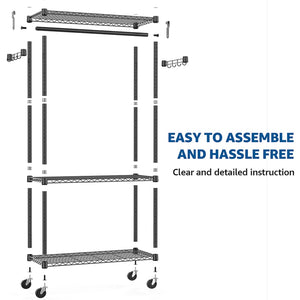 English Elm Heavy Duty Rolling Garment Rack Three Tier Steel Closet Organizer with Locking Wheels Black W5386P515372