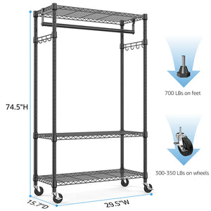 English Elm Heavy Duty Rolling Garment Rack Three Tier Steel Closet Organizer with Locking Wheels Black W5386P515372