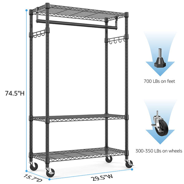 English Elm Heavy Duty Rolling Garment Rack Three Tier Steel Closet Organizer with Locking Wheels Black W5386P515372