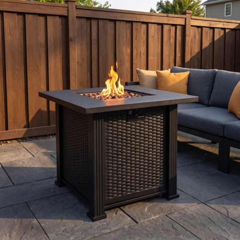 English Elm 27.95 Inch Outdoor Propane Fire Pit Table with Woven Steel Frame and Lava Rocks W5397P536863