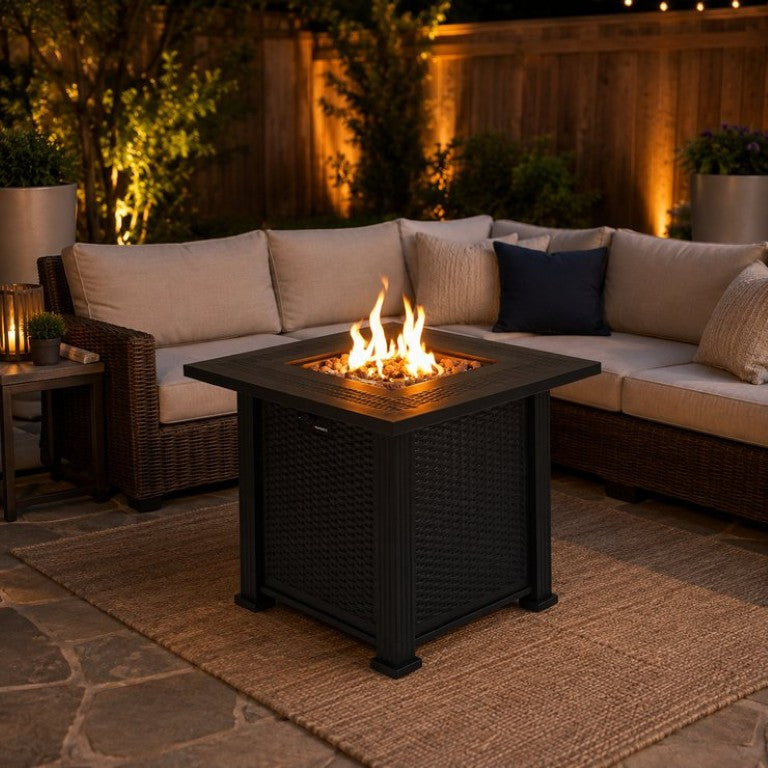English Elm 27.95 Inch Outdoor Propane Fire Pit Table with Woven Steel Frame and Lava Rocks W5397P536863
