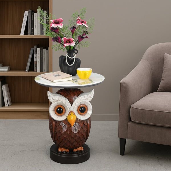 English Elm Owl Sculptural Resin End Table with Faux Marble Top for Living Room Decor W5398P454675