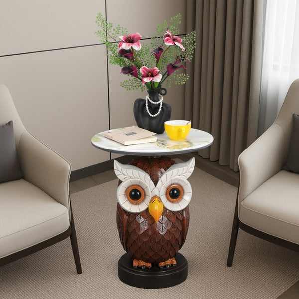 English Elm Owl Sculptural Resin End Table with Faux Marble Top for Living Room Decor W5398P454675