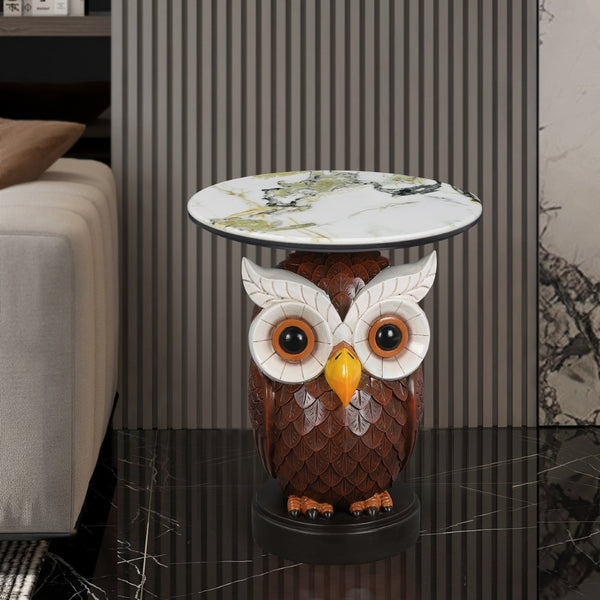 English Elm Owl Sculptural Resin End Table with Faux Marble Top for Living Room Decor W5398P454675