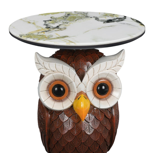 English Elm Owl Sculptural Resin End Table with Faux Marble Top for Living Room Decor W5398P454675