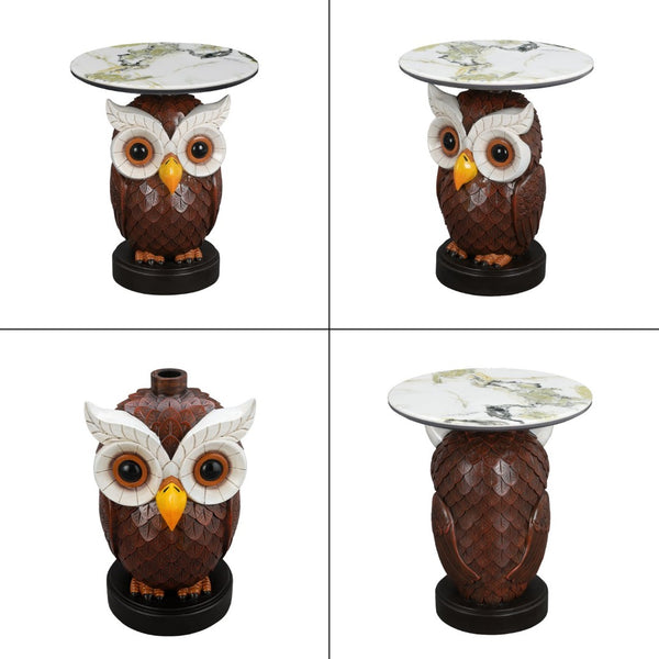 English Elm Owl Sculptural Resin End Table with Faux Marble Top for Living Room Decor W5398P454675