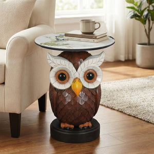 English Elm Owl Sculptural Resin End Table with Faux Marble Top for Living Room Decor W5398P454675