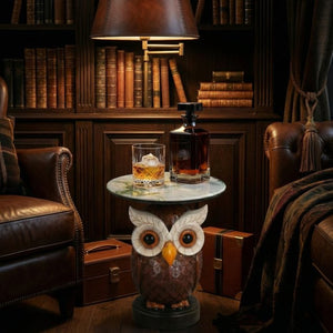 English Elm Owl Sculptural Resin End Table with Faux Marble Top for Living Room Decor W5398P454675