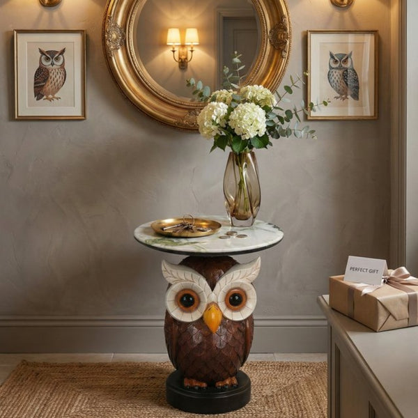 English Elm Owl Sculptural Resin End Table with Faux Marble Top for Living Room Decor W5398P454675