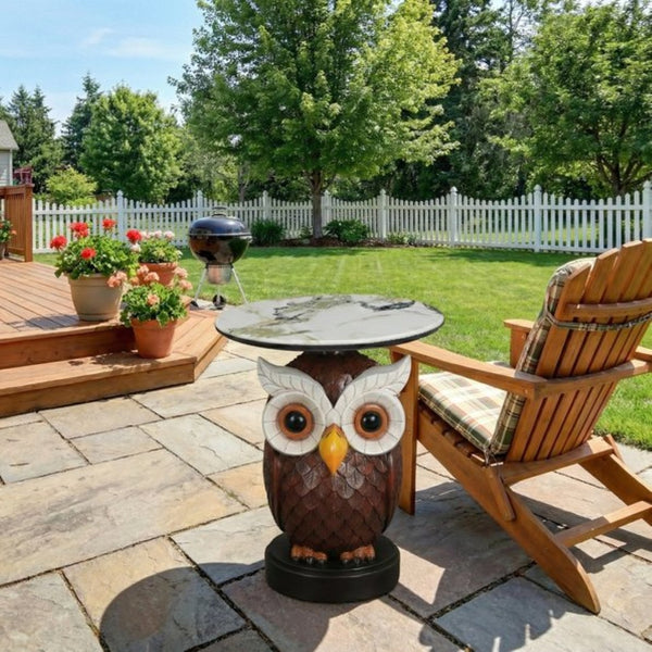English Elm Owl Sculptural Resin End Table with Faux Marble Top for Living Room Decor W5398P454675