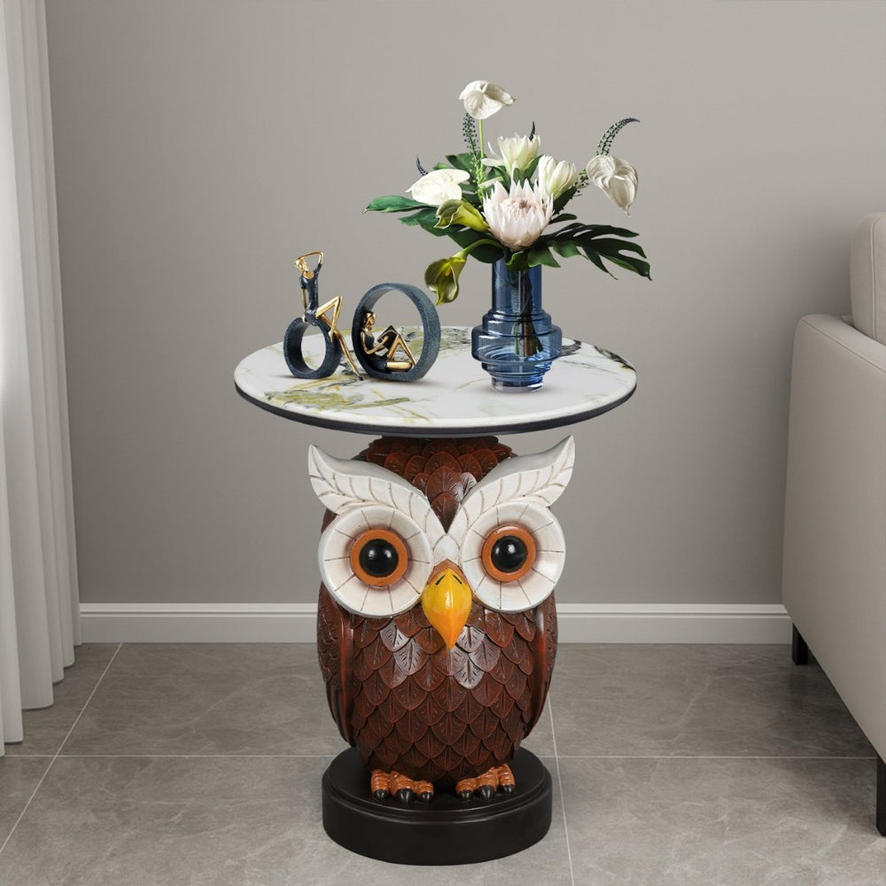 English Elm Owl Sculptural Resin End Table with Faux Marble Top for Living Room Decor W5398P454675
