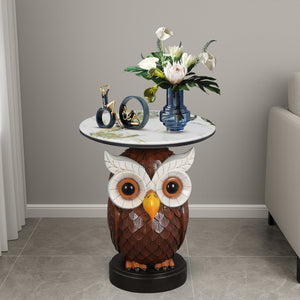 English Elm Owl Sculptural Resin End Table with Faux Marble Top for Living Room Decor W5398P454675