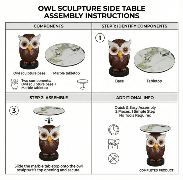 English Elm Owl Sculptural Resin End Table with Faux Marble Top for Living Room Decor W5398P454675
