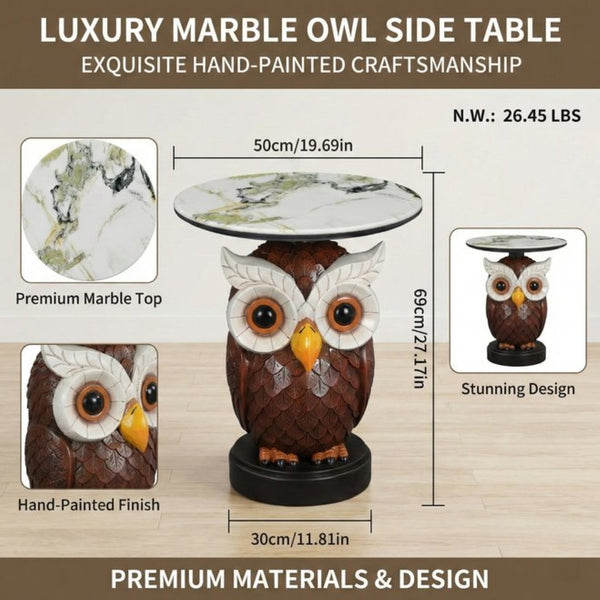 English Elm Owl Sculptural Resin End Table with Faux Marble Top for Living Room Decor W5398P454675