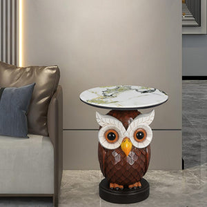 English Elm Owl Sculptural Resin End Table with Faux Marble Top for Living Room Decor W5398P454675