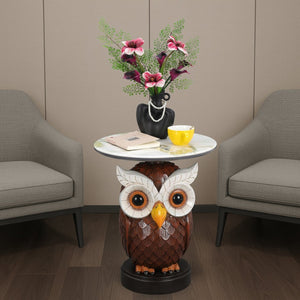 English Elm Owl Sculptural Resin End Table with Faux Marble Top for Living Room Decor W5398P454675