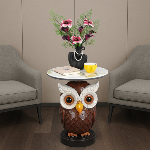 English Elm Owl Sculptural Resin End Table with Faux Marble Top for Living Room Decor W5398P454675