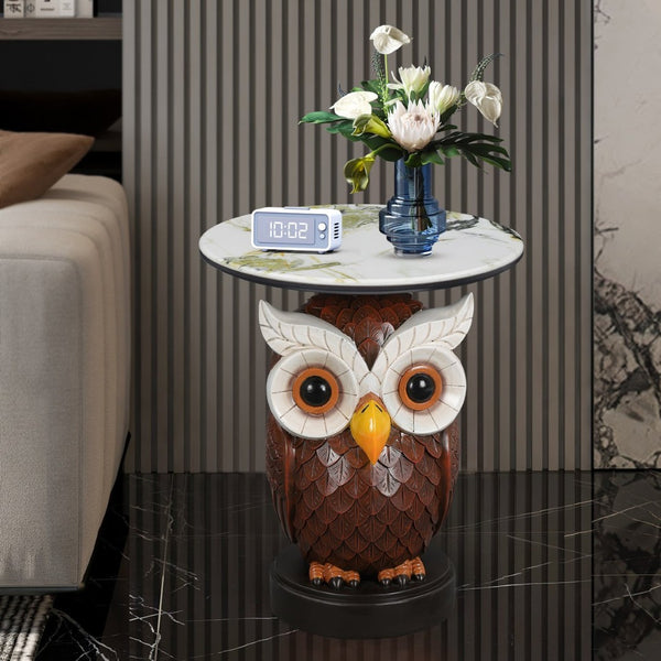 English Elm Owl Sculptural Resin End Table with Faux Marble Top for Living Room Decor W5398P454675