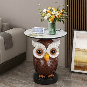 English Elm Owl Sculptural Resin End Table with Faux Marble Top for Living Room Decor W5398P454675