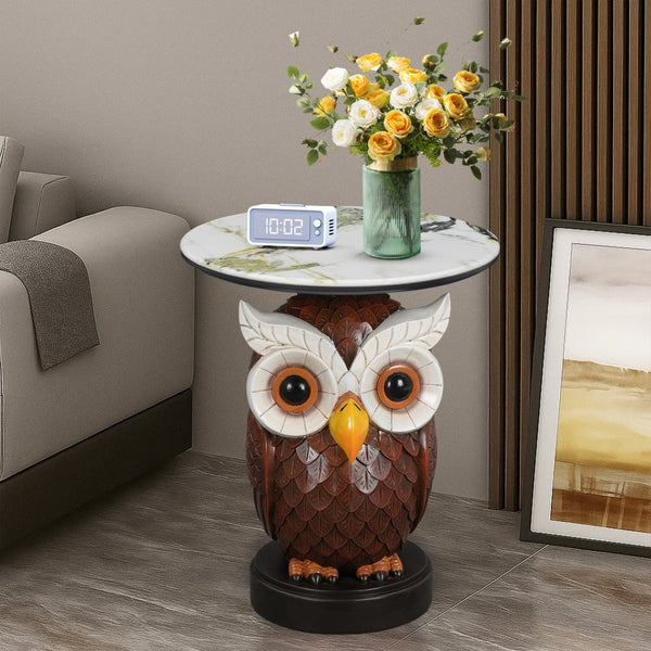English Elm Owl Sculptural Resin End Table with Faux Marble Top for Living Room Decor W5398P454675